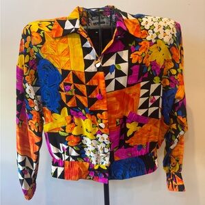 Gantos Sz Sm 100% Silk Short Button Up Coat Jacket Floral Mixed Print Colorful